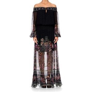 Camilla Off shoulder shirred "Restless Nights" 100% silk gown size S NWT $749